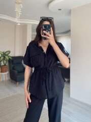 Siyah Kısa Kollu Gömlek Pantolon Keten Takım