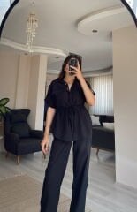 Siyah Kısa Kollu Gömlek Pantolon Keten Takım