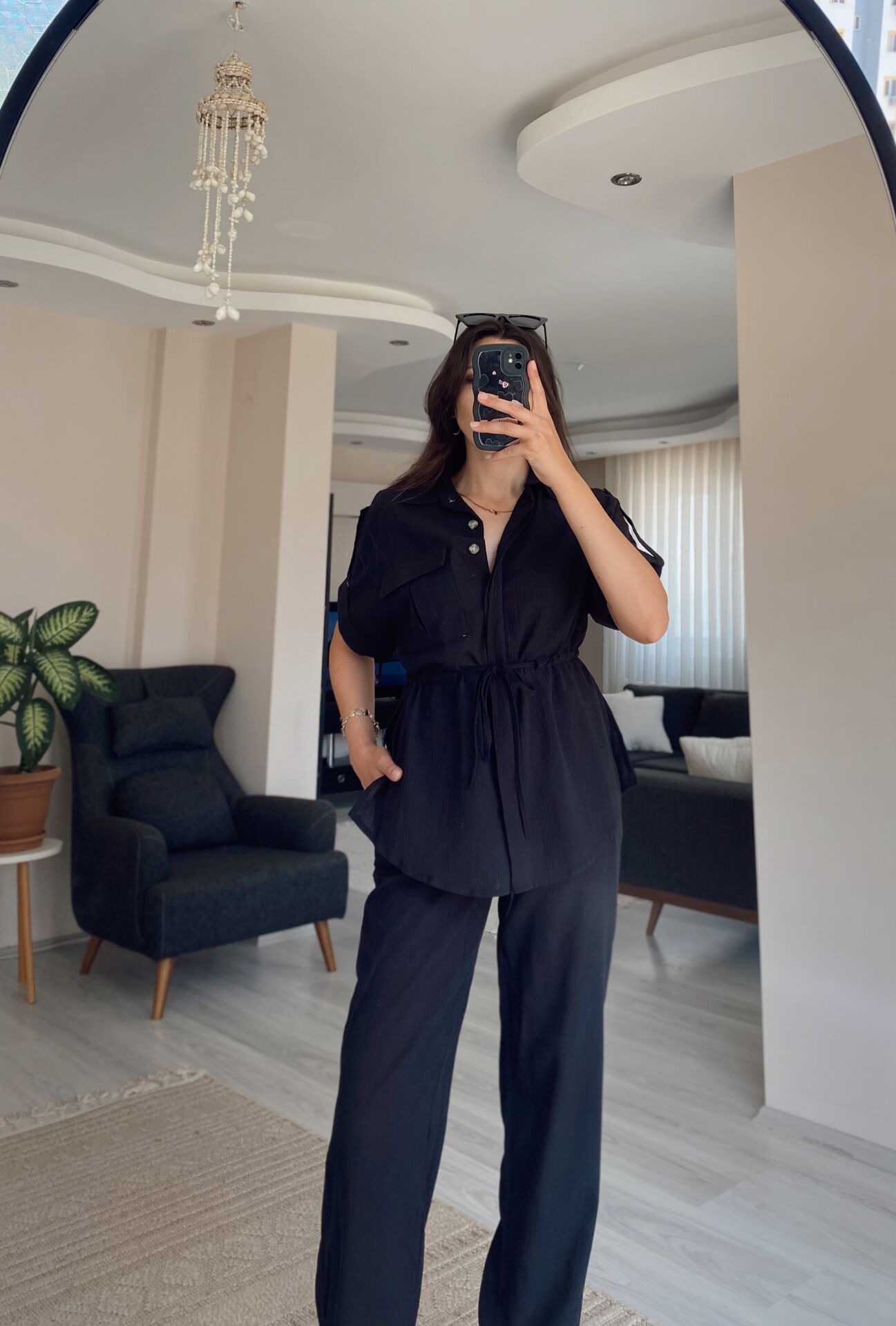 Siyah Kısa Kollu Gömlek Pantolon Keten Takım