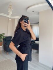 Siyah Kısa Kollu Gömlek Pantolon Keten Takım
