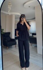 Siyah Kısa Kollu Gömlek Pantolon Keten Takım