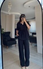 Siyah Kısa Kollu Gömlek Pantolon Keten Takım