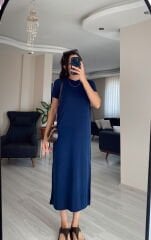 Lacivert Oysh Modal Kumaş Bisiklet Yaka Elbise