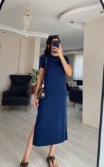 Lacivert Oysh Modal Kumaş Bisiklet Yaka Elbise