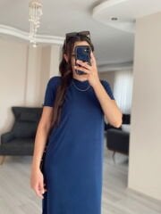 Lacivert Oysh Modal Kumaş Bisiklet Yaka Elbise