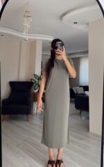 Haki Oysh Modal Kumaş Bisiklet Yaka Elbise