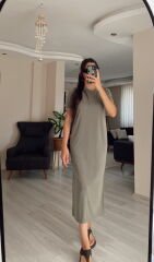 Haki Oysh Modal Kumaş Bisiklet Yaka Elbise