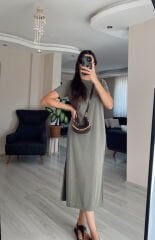 Haki Oysh Modal Kumaş Bisiklet Yaka Elbise