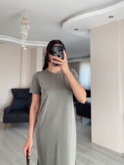 Haki Oysh Modal Kumaş Bisiklet Yaka Elbise
