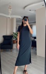 Antrasit Gri Oysh Modal Kumaş Bisiklet Yaka Elbise