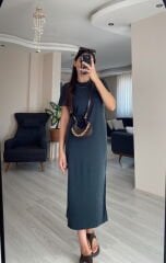 Antrasit Gri Oysh Modal Kumaş Bisiklet Yaka Elbise