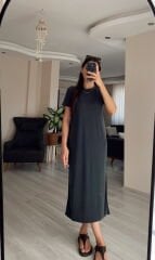 Antrasit Gri Oysh Modal Kumaş Bisiklet Yaka Elbise