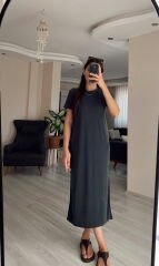 Antrasit Gri Oysh Modal Kumaş Bisiklet Yaka Elbise