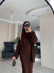 Kahverengi Maxi Elbise Hırka Triko Takım