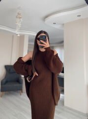 Kahverengi Maxi Elbise Hırka Triko Takım