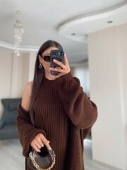 Kahverengi Maxi Elbise Hırka Triko Takım