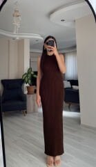 Kahverengi Maxi Elbise Hırka Triko Takım