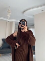 Kahverengi Maxi Elbise Hırka Triko Takım