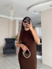 Kahverengi Maxi Elbise Hırka Triko Takım