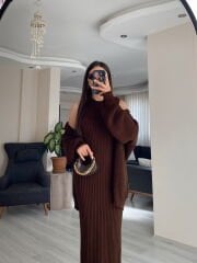 Kahverengi Maxi Elbise Hırka Triko Takım