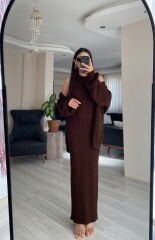 Kahverengi Maxi Elbise Hırka Triko Takım