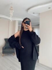 Siyah Maxi Elbise Hırka Triko Takım