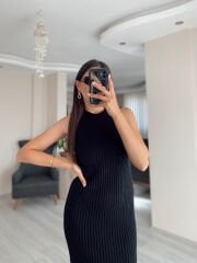 Siyah Maxi Elbise Hırka Triko Takım