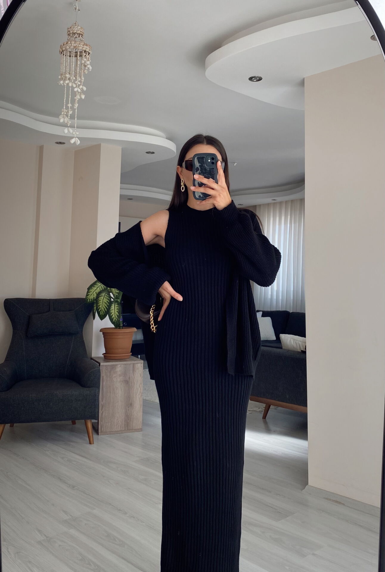 Siyah Maxi Elbise Hırka Triko Takım