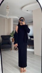 Siyah Maxi Elbise Hırka Triko Takım