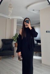 Siyah Maxi Elbise Hırka Triko Takım