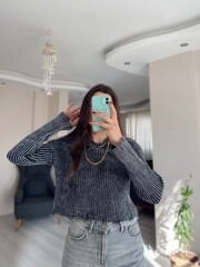 Antrasit Yıkamalı Yırtık Detaylı Kazak