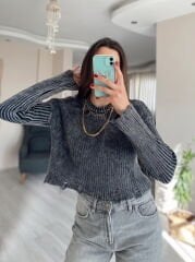 Antrasit Yıkamalı Yırtık Detaylı Kazak