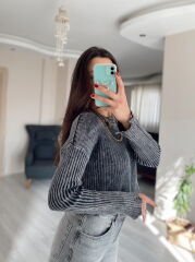 Antrasit Yıkamalı Yırtık Detaylı Kazak