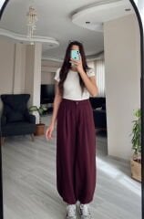 Bordo Yüksek Bel Paçası Lastikli Şalvar Pantolon