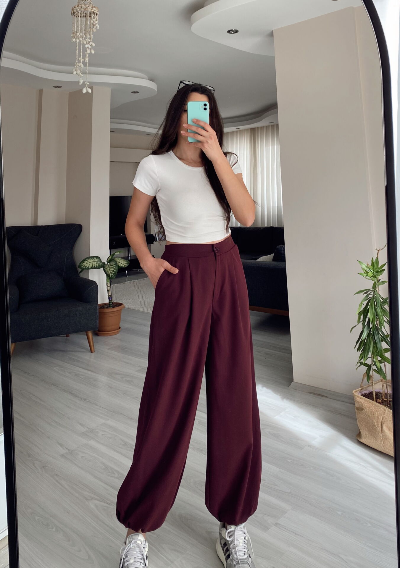 Bordo Yüksek Bel Paçası Lastikli Şalvar Pantolon