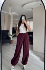 Bordo Yüksek Bel Paçası Lastikli Şalvar Pantolon