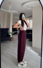 Bordo Yüksek Bel Paçası Lastikli Şalvar Pantolon