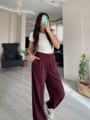 Bordo Yüksek Bel Paçası Lastikli Şalvar Pantolon