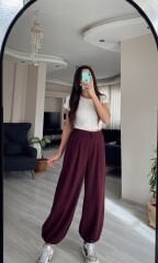 Bordo Yüksek Bel Paçası Lastikli Şalvar Pantolon