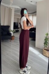 Bordo Yüksek Bel Paçası Lastikli Şalvar Pantolon