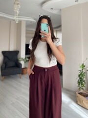 Bordo Yüksek Bel Paçası Lastikli Şalvar Pantolon