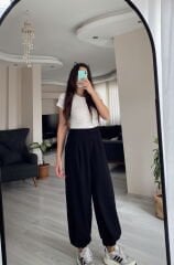 Siyah Yüksek Bel Paçası Lastikli Şalvar Pantolon