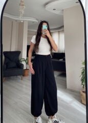 Siyah Yüksek Bel Paçası Lastikli Şalvar Pantolon