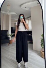 Siyah Yüksek Bel Paçası Lastikli Şalvar Pantolon