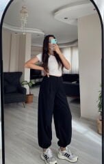 Siyah Yüksek Bel Paçası Lastikli Şalvar Pantolon