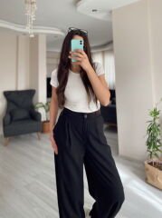 Siyah Yüksek Bel Paçası Lastikli Şalvar Pantolon