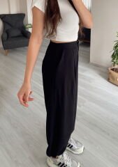 Siyah Yüksek Bel Paçası Lastikli Şalvar Pantolon