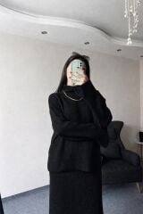 Siyah Örme Kazak Etek Triko İkili Takım