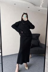 Siyah Örme Kazak Etek Triko İkili Takım